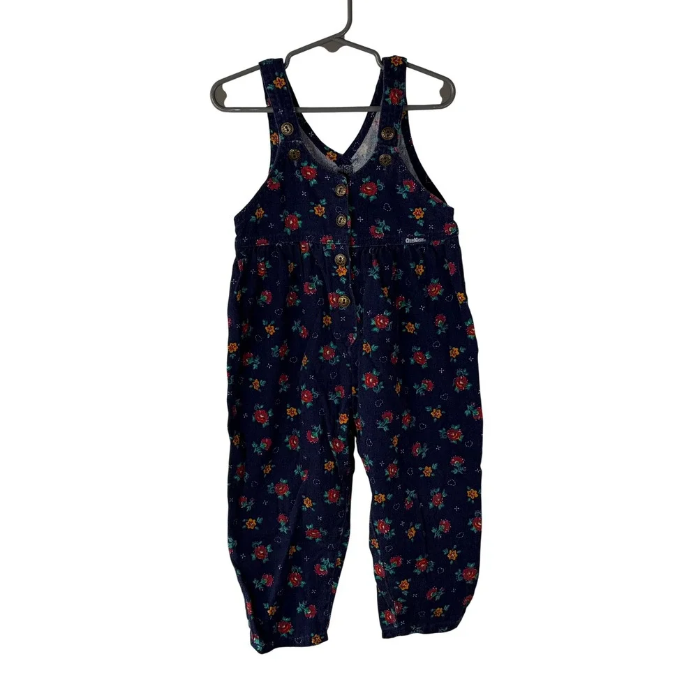 Vintage OshKosh Bgosh Girls Navy Floral Corduroy Overalls Vestbak Made in USA 3T